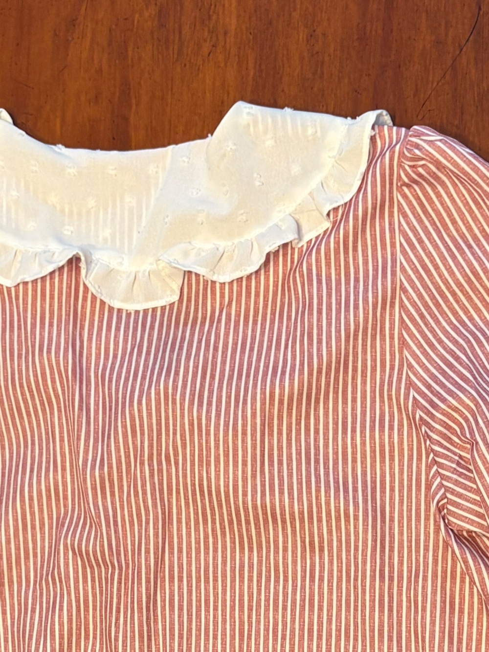 Women’s Red Striped Button-Front Top with Ruffle Collar - Picture 5 of 5